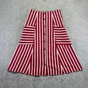 Metrowear Skirt Womens Medium Red White Striped Linen Rayon Blend Buttons Midi